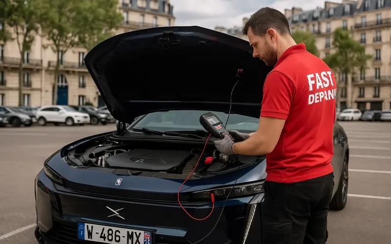 Dépanneur contrôlant la batterie d’une voiture capot ouvert
